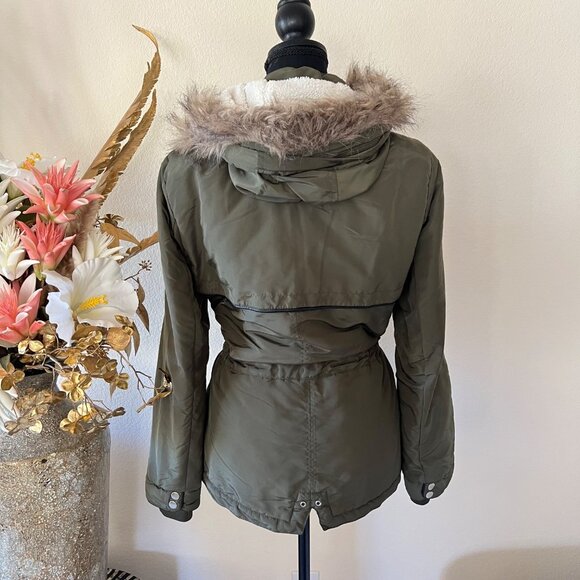 Y2K Miss London Black Label Olive Green Utility Jacket with Fur Trim Hood M - Picture 5 of 12